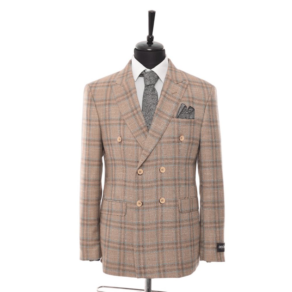 Slim Fit Plaid Jacket, Double Breasted Cream/Brown